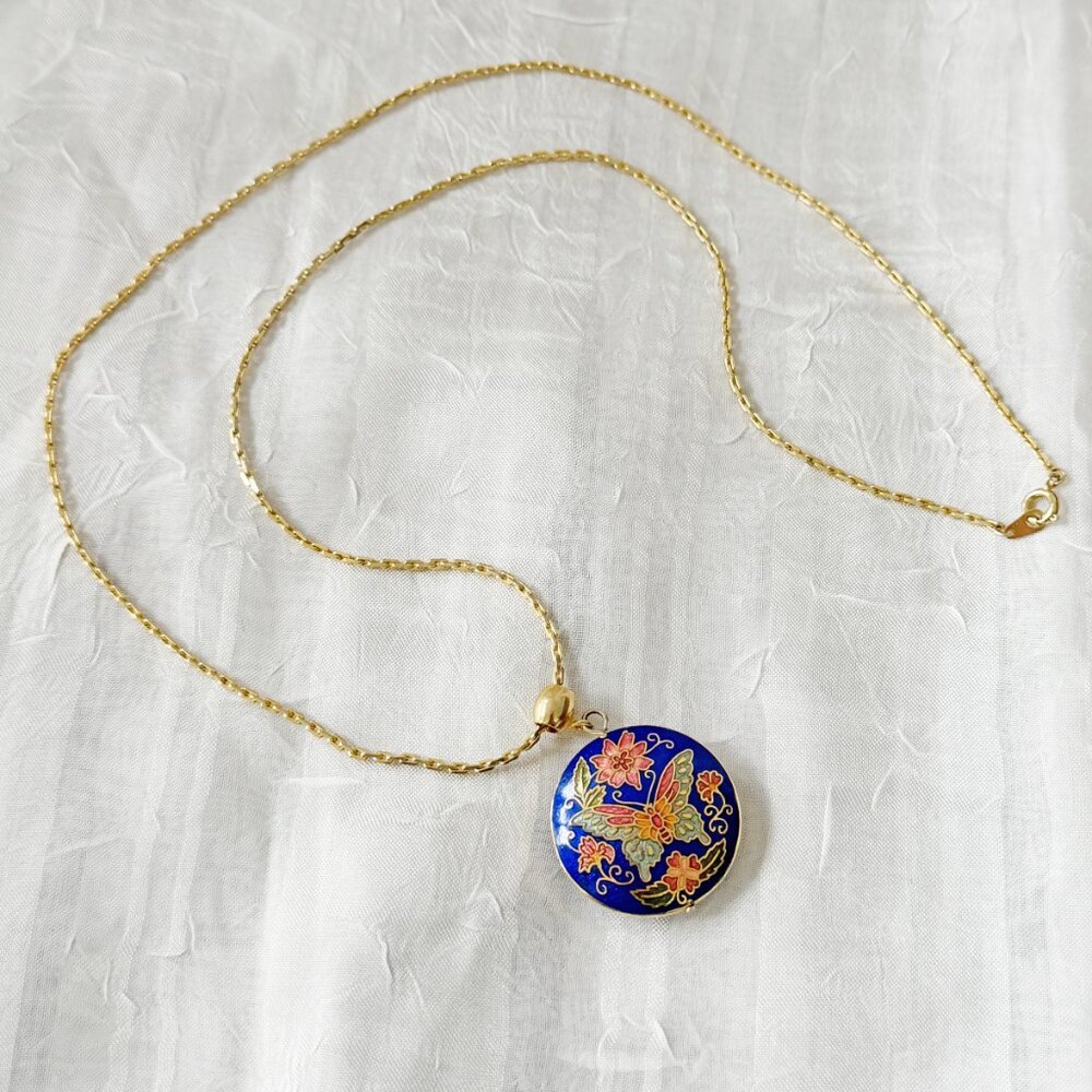 Vintage Cloisonné Enamel Butterfly & Flower 24" Pendant Necklace - Picture 3 of 4